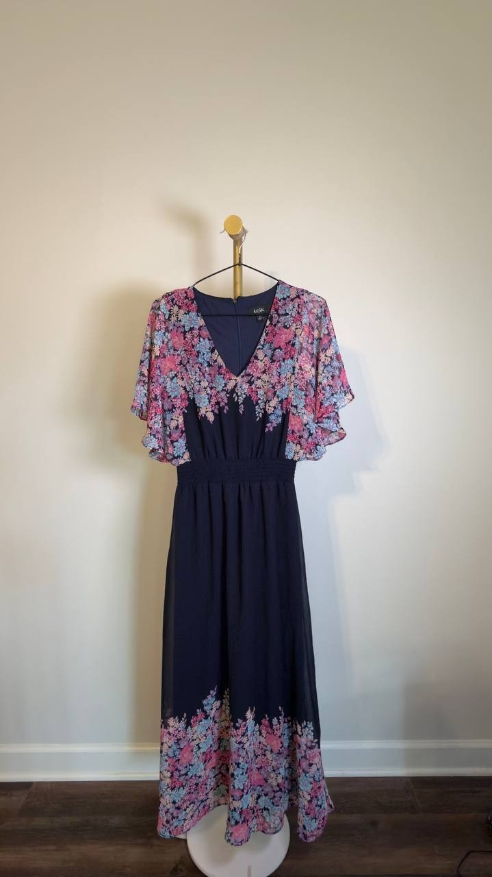 MSK Printed V-Neck Flutter-Sleeve Smocked-Waist Dress JBS Navy S NWOT $89