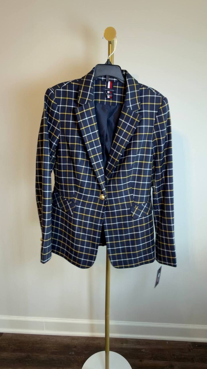 Tommy Hilfiger Plaid Slim‑Fit Single‑Button Blazer Navy Multi 10 NWT $159