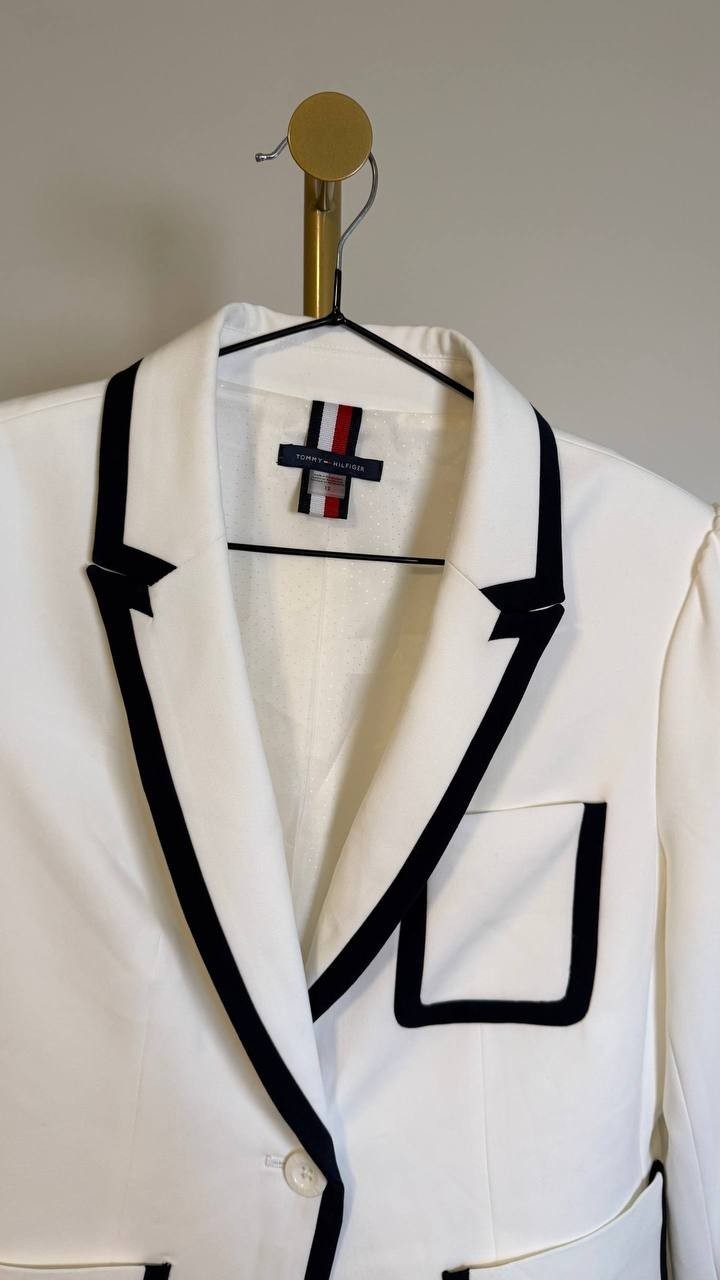Tommy Hilfiger Women’s Contrast-Trim Puff-Sleeve Jacket White Black 12 $159 NWT