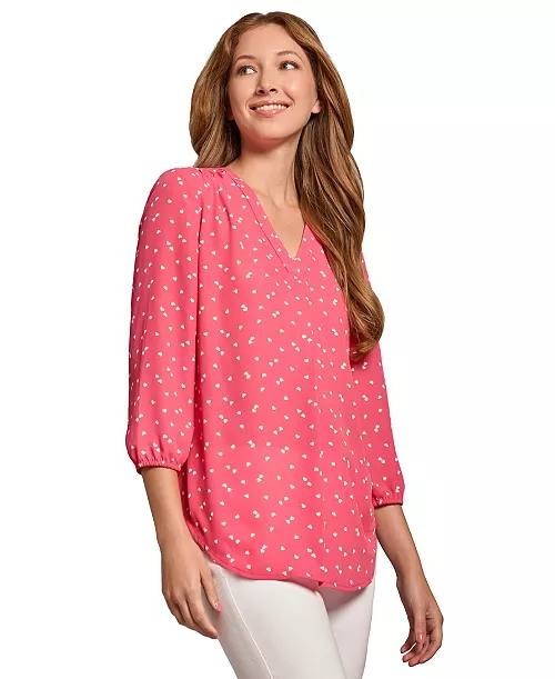 Jones New York Petite Kelly Heart‑Print 3/4‑Sleeve Top Fresh Guava XL NWT $69.50