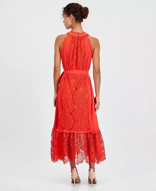 T Tahari Sleeveless Halter Lace Maxi Dress Bright Poppy S/P NWT $178