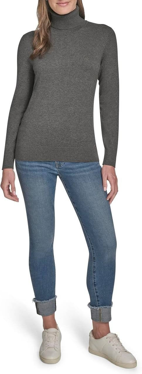 Tommy Hilfiger Cotton Turtleneck Long Sleeve Top L Fog Heather Grey NWT $69.50