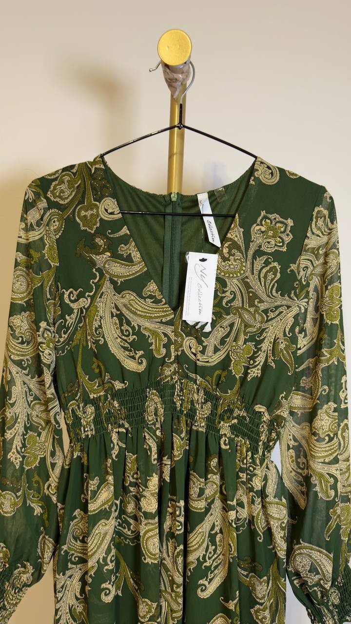 NY Collection Chiffon Dress Smocked Waist & Cuffs Green Paisley S NWT $44