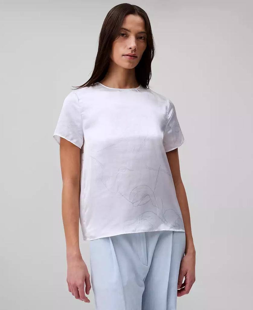 Calvin Klein Printed Crushed Satin Top White Floral Etched Size XL $69 preowned