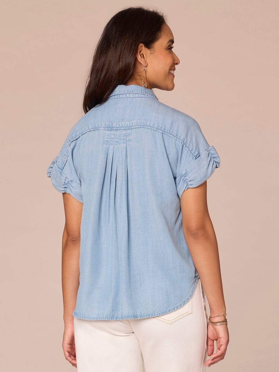 Democracy Ruched Short‑Sleeve Collar Button‑Down Pleated Petite Shirt – PXL –NWT