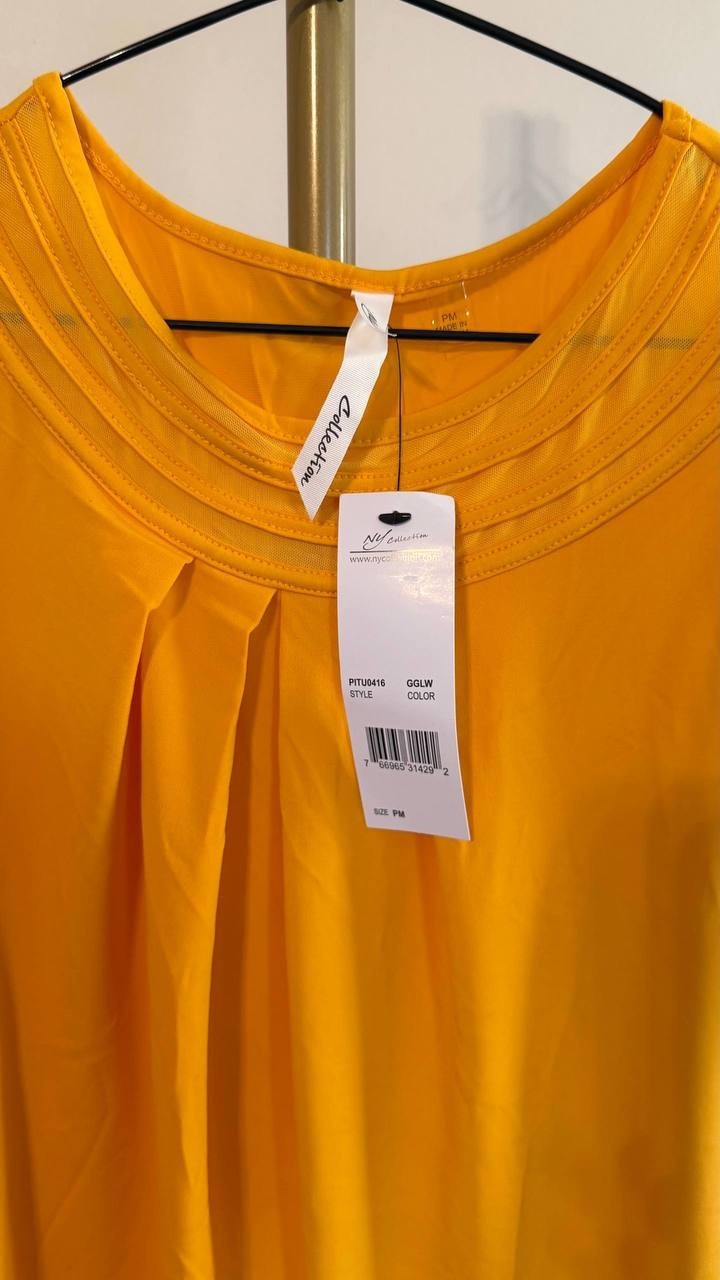 NY Collection Women’s Puff Sleeve Mesh Inset Top Golden Glow PM $42 NWT