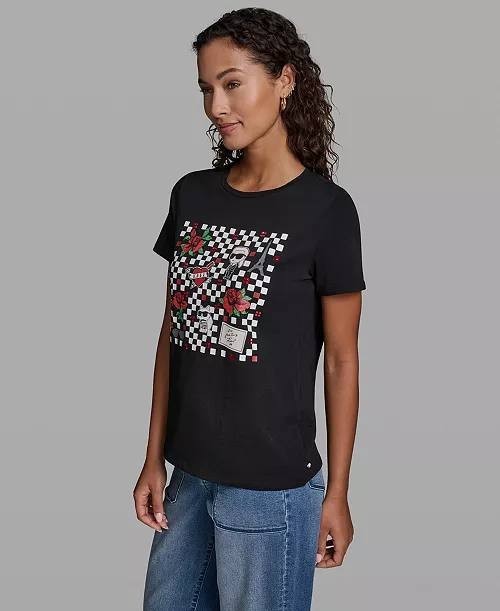 Karl Lagerfeld Paris Checkboard Logo Crewneck Motif Top M Black NWT $59