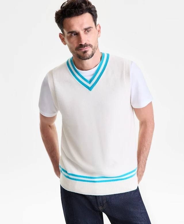 Club Room Men’s 100% Cashmere V‑Neck Sweater Vest White/Turquoise XL $179 NWT