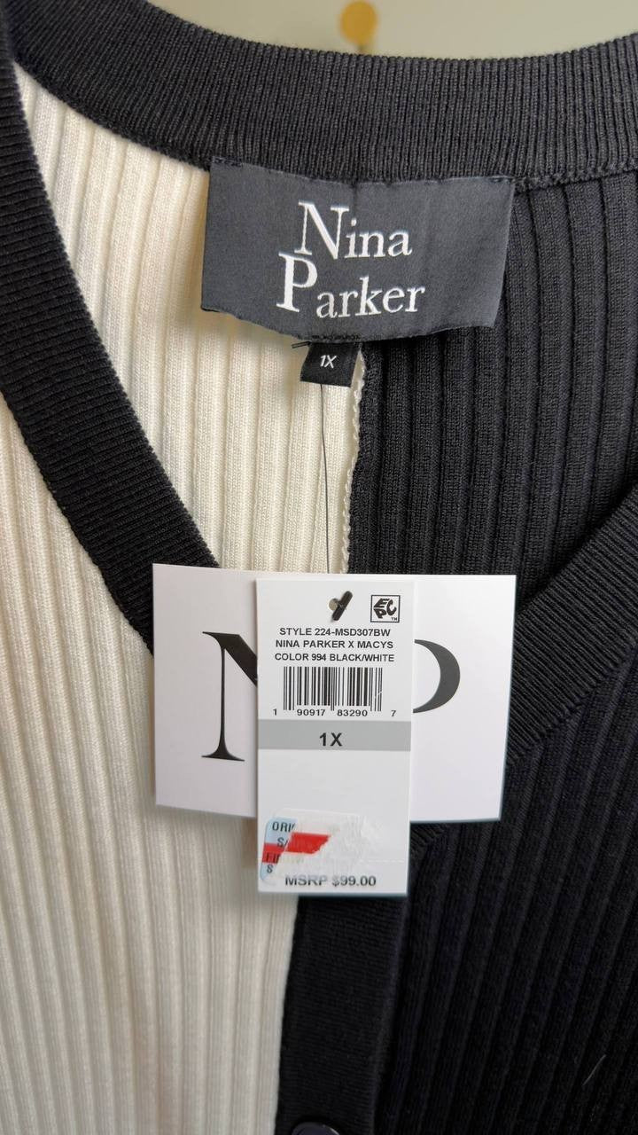 Nina Parker Plus Size Ribbed Button‑Front Dress Black White 1X NWT $99