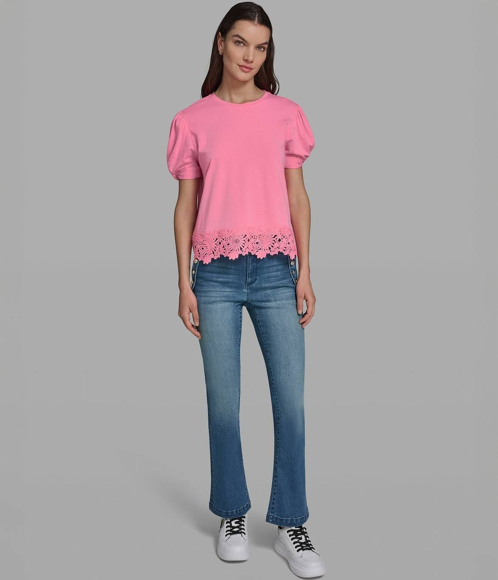 Karl Lagerfeld Cotton & Modal Floral Lace Hem Tee Pink Carnation XS NWT $79