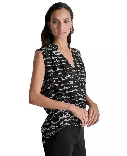 DKNY Top S Black Printed Surplice Sleeveless V-Neck Blouse Workwear NWT MSRP $69