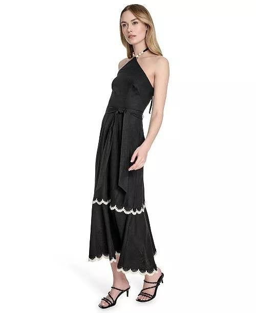Eliza J Beaded‑Strap Contrast‑Trim Halter Midi Dress Black 16 NWT $168
