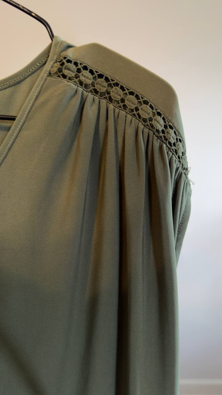 Anne Klein Lace Inset V‑Neck Top M Olive NWT $59