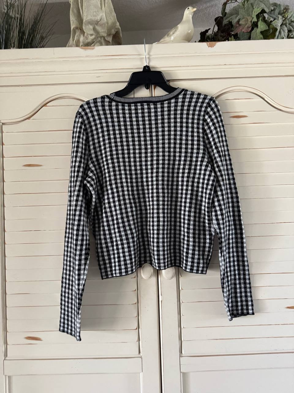 CeCe Gingham Jacquard V-Neck Cardigan Black M Cotton Knit Sweater for Women