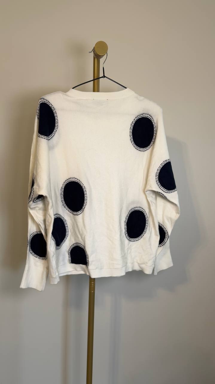T Tahari Boatneck Whip Stitch Polka Dot Sweater White/Navy M NWT $78