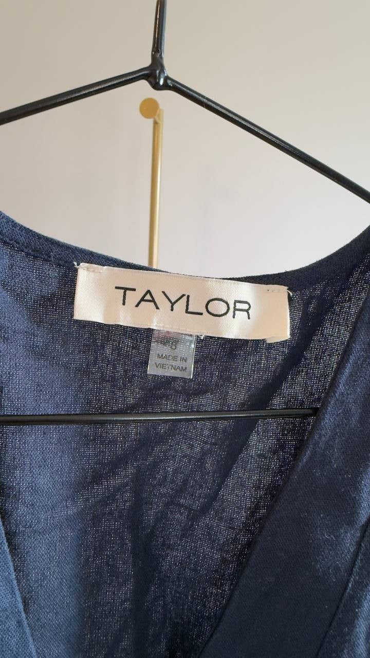 Taylor Button‑Front A‑Line V‑Neck Long Dress Navy 8 NWT $129