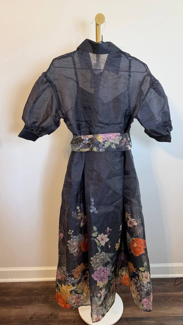 Nancy Yang Floral Print Dress Black Puff Sleeve Belted Size S NWT $195
