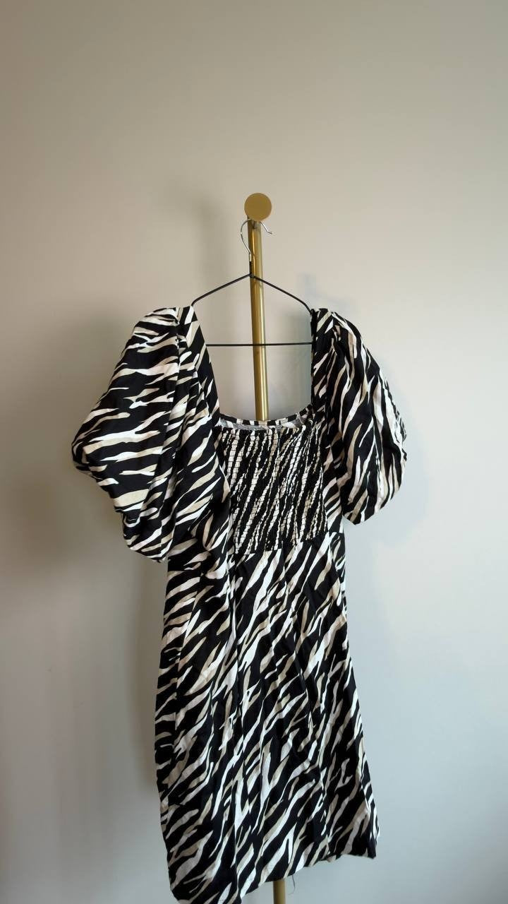 DKNY Puff Sleeve Animal Print Mini Dress Concrete Animal XL NWT $149