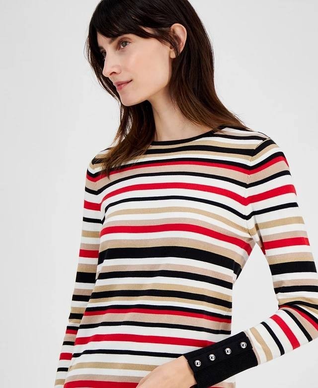 Anne Klein Striped Button‑Cuff Crewneck Sweater Multi XL NWT $99