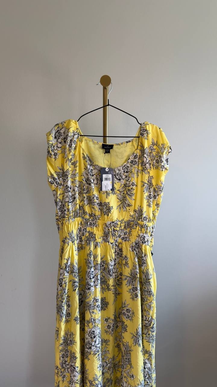 Nautica Printed Toile Puff‑Sleeve A‑Line Dress Sunshine Multi M NWT $119.50