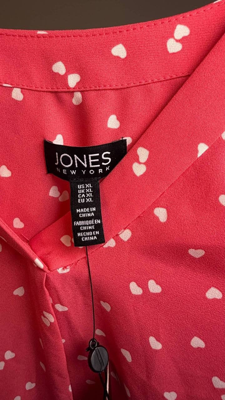 Jones New York Petite Kelly Heart‑Print 3/4‑Sleeve Top Fresh Guava XL NWT $69.50