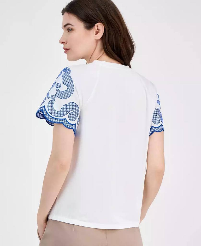 Tahari Women’s Printed Short‑Sleeve Top White Star Polaris Blue M $68 NWT