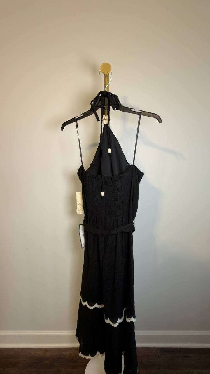 Eliza J Beaded‑Strap Contrast‑Trim Halter Midi Dress Black 12 NWT $168