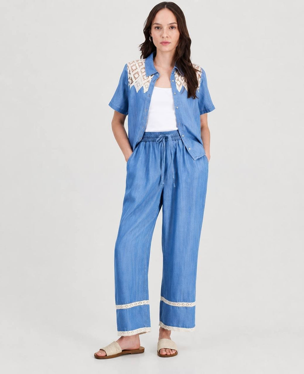 And Now This Chambray Lace-Trim Wide-Leg Pants Drawstring PS NWT $59.50