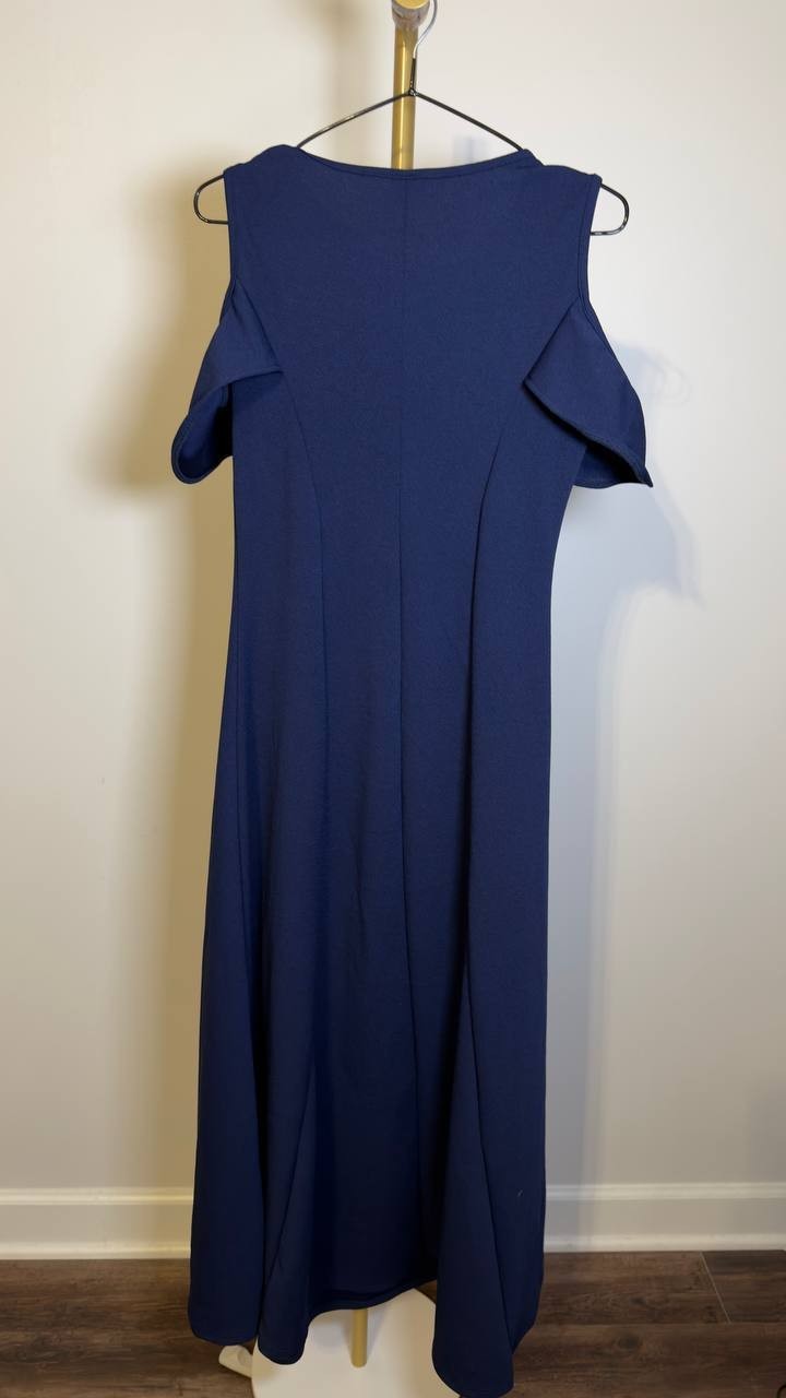 24seven Comfort Apparel Ruffle Cold Shoulder A‑Line Maxi Dress Navy M NWT $90