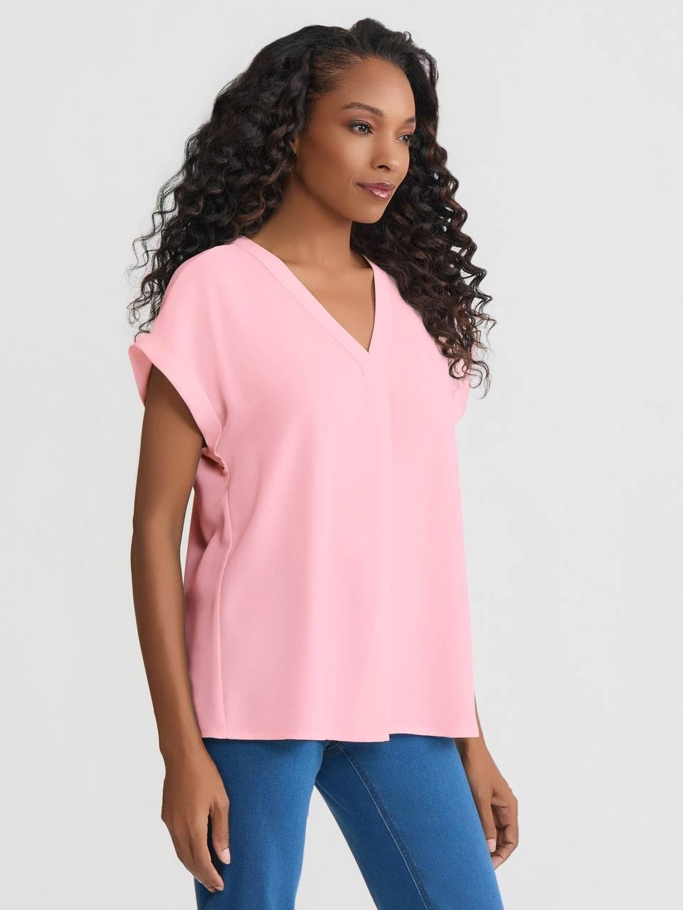 Jones New York Jasper Crepe Short Sleeve V‑Neck Blouse Petal Pink M NWT $69.50