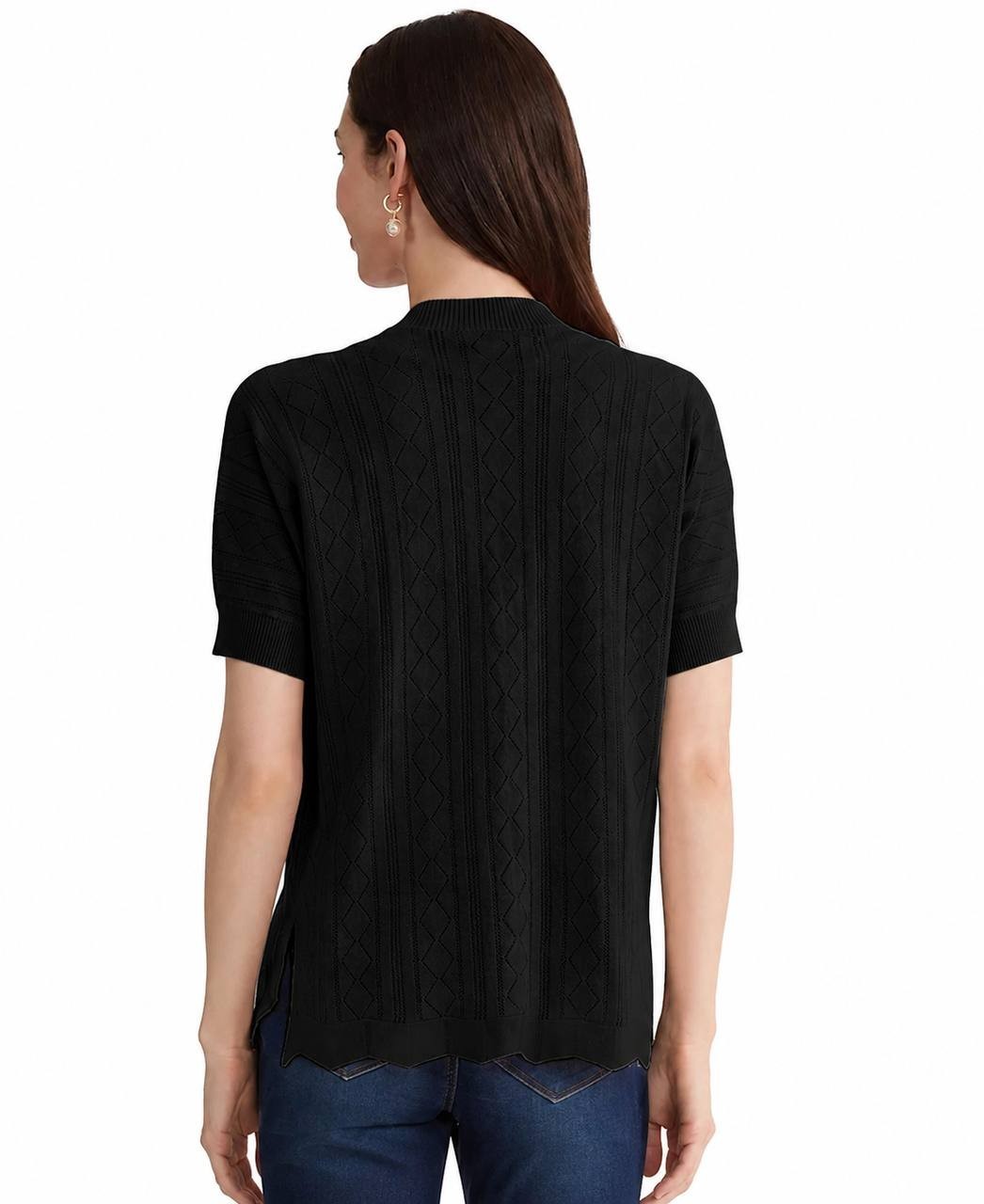 Jones New York Petite Open Stitch Short‑Sleeve Cardigan Black PM NWT $89.50