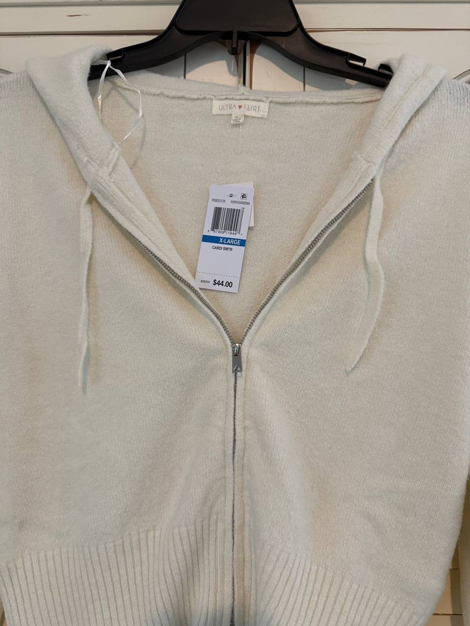 Ultra Flirt Juniors Full-Zip Hooded Cardigan Ivory Knit Sweater NWT Casual
