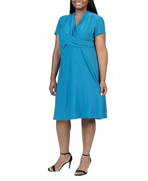 24Seven Comfort Apparel Plus Size Rouched Wrap Dress Teal Size 1X NWT $65.99