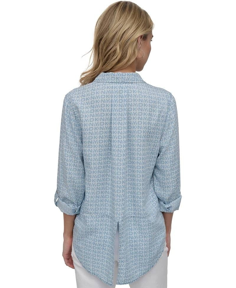 DKNY Jeans Roll-Tab Button-Front Chambray Blue XL Women Shirt Relaxed Fit