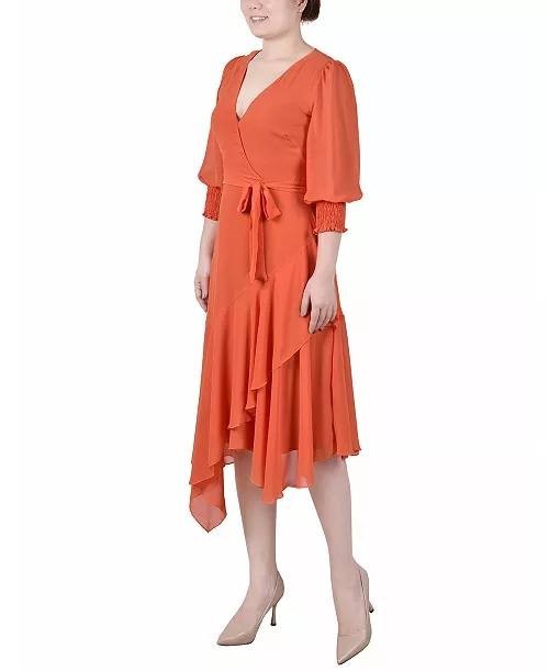 NY Collection Womens Orange 3/4 Sleeve Belted Chiffon Dress Petite Sz PXL