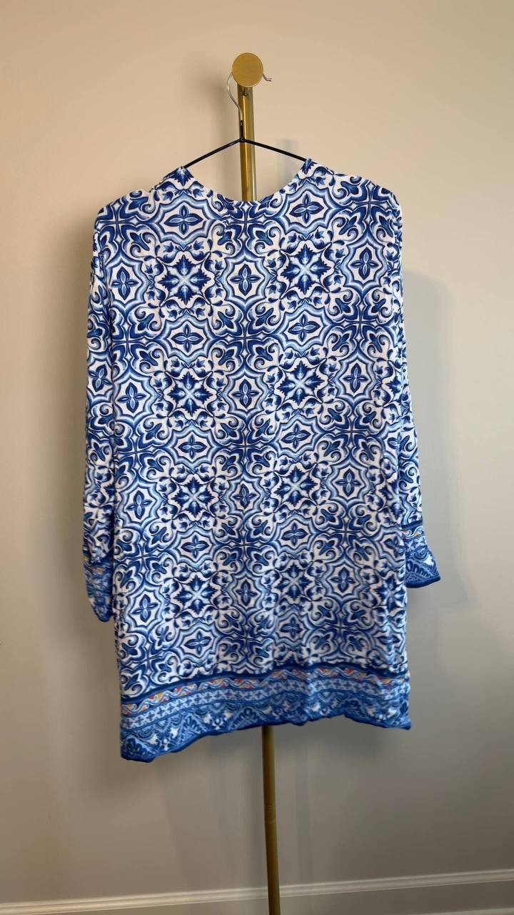 La Blanca Alboran Sea Lace-Up V-Neck Tunic Cover Up Blue Multi XL NWT $113