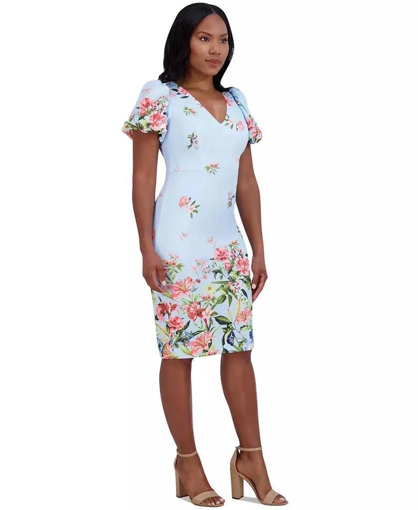 Eliza J Printed V‑Neck Bubble‑Sleeve Sheath Dress Light Blue 6 $138 NWT