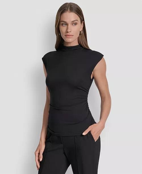 DKNY Mock‑Neck Sleeveless Side‑Ruched Top – PXL – Black – NWT – $49