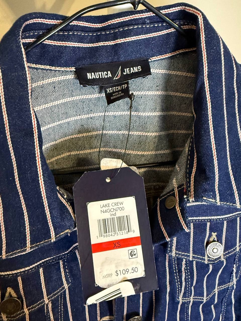 Nautica Jeans Striped Denim Puff‑Shoulder Jacket –Blue– XS – NWT – $109.50