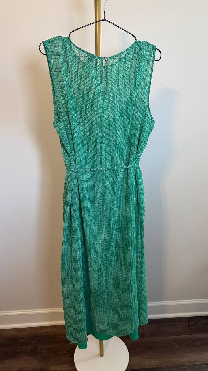 Calvin Klein Sleeveless Printed Chiffon Midi Dress Green Belted Lined Size L NWT