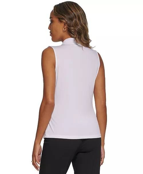 Calvin Klein Gathered V‑Neck Sleeveless Top White Hidden Buttons Size S NWT $49