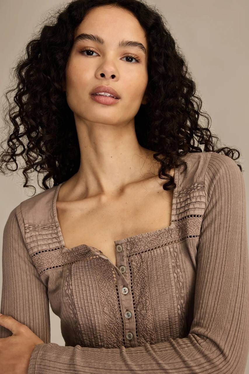 Lucky Brand Embroidered Peplum Longsleeve Deep Taupe L NWT $79.50