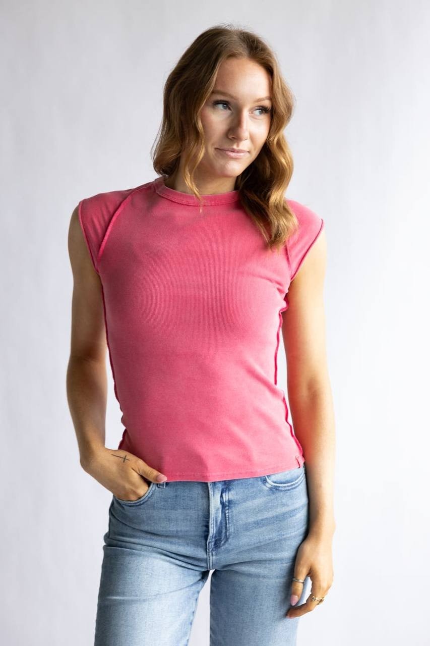 We The Free Ribbed Sleeveless Texture Tee Hibiscus  M NWT $38
