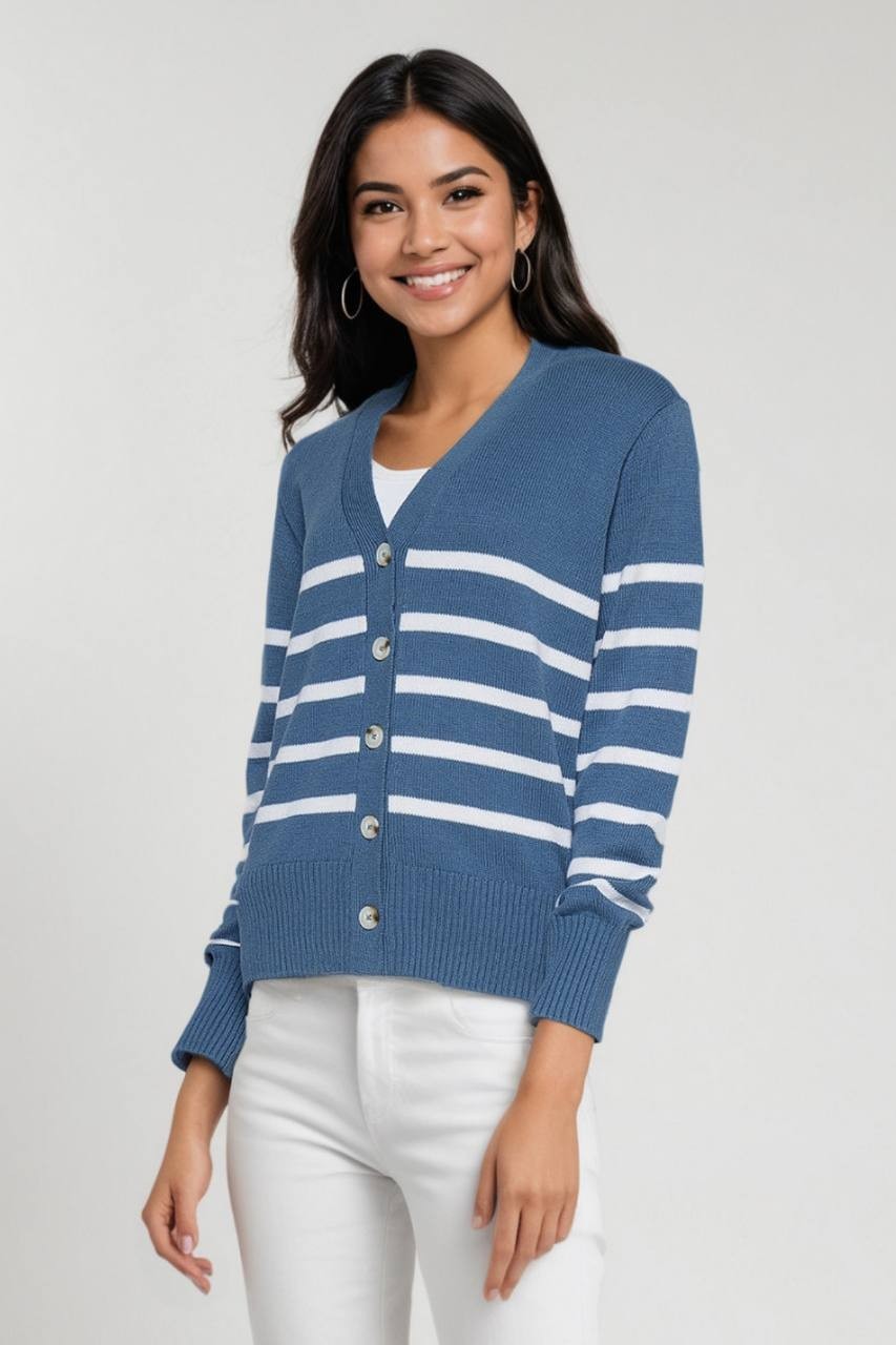 Three Dots Women’s Mackenzie Knit Button Cardigan China Blue Stripe M $49 NWT