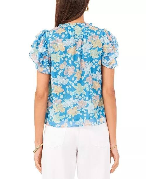 1.STATE Floral Tie‑Neck Short Flutter‑Sleeve Blouse Blue XS NWT $79
