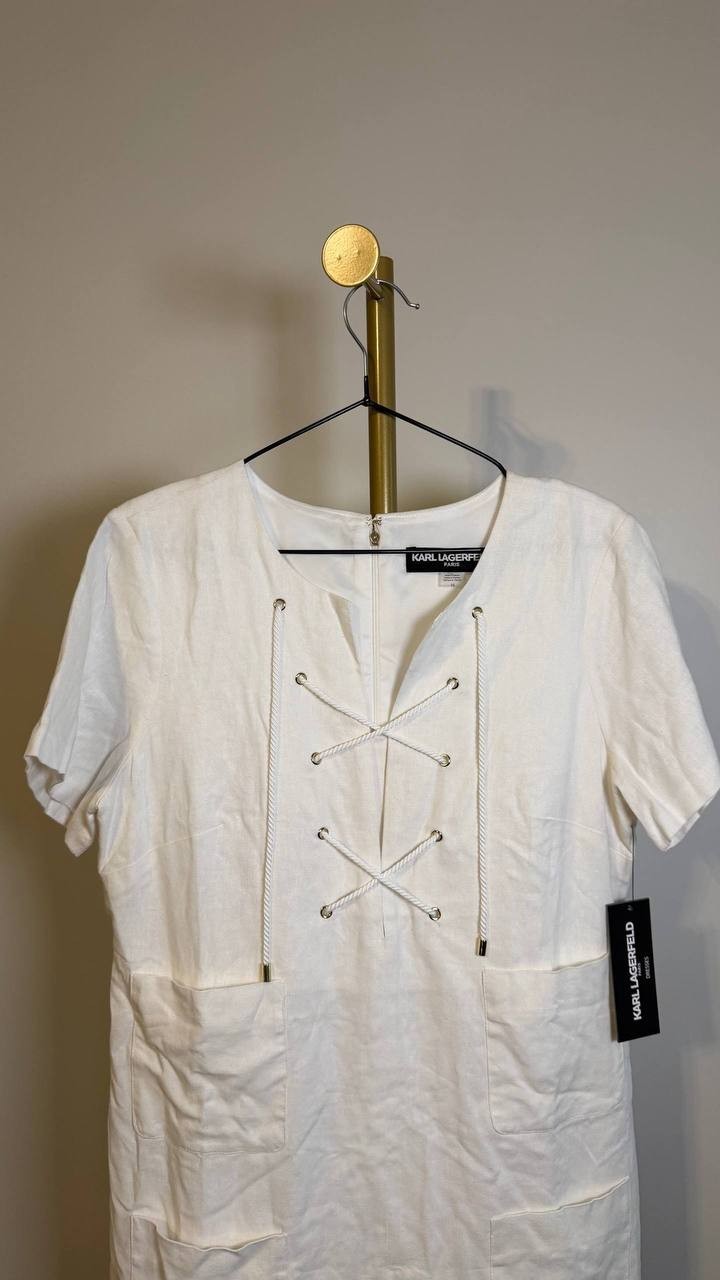 Karl Lagerfeld Paris Lace‑Up Bodice Shift Dress Soft White 10 $138 NWT