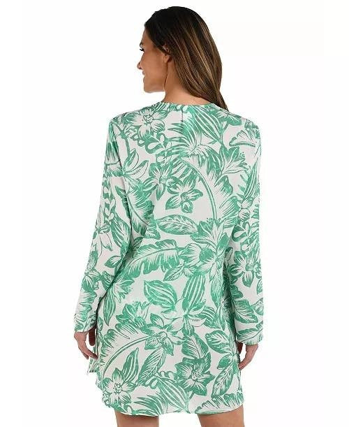 La Blanca Batiki Lace‑Front Tunic Cover‑Up Dress Eucalyptus S NWT $113