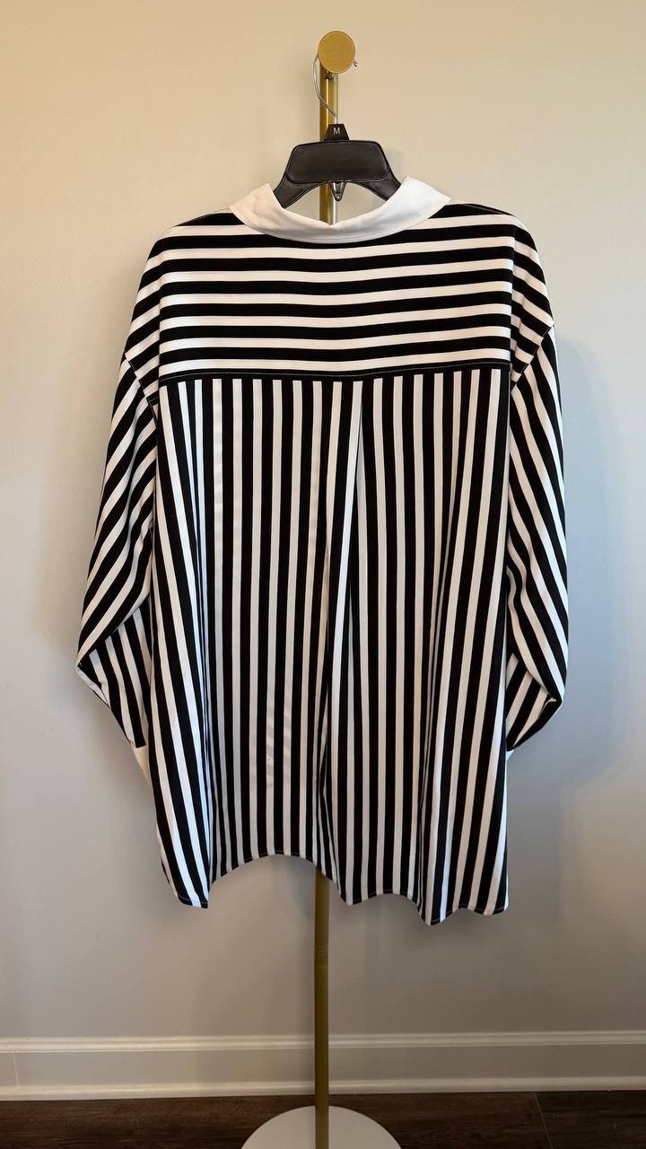 Karl Lagerfeld Paris Plus Striped Button‑Front Shirt Black/White 2X NWT $109