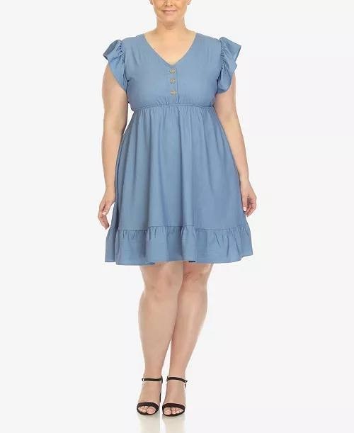 White Mark Womens' Blue Ruffle Sleeve Knee-Length Dress Plus Size 3XL
