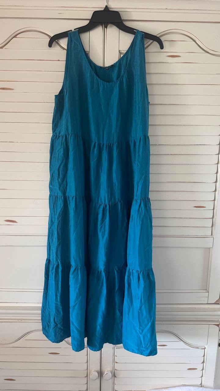 EILEEN FISHER Teal Sleeveless Tiered Maxi Dress – Size S - 100% Silk